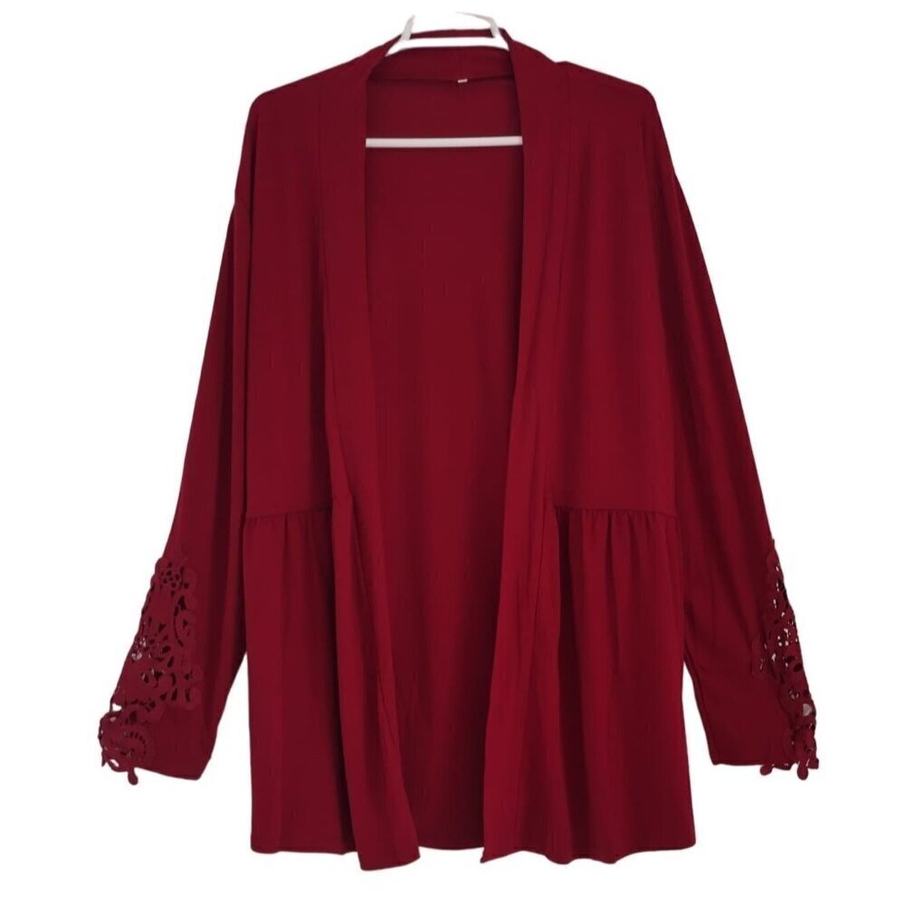 Women's Red Open Front Long Sleeve Lace Cardigan Size S Cotton Polyester.